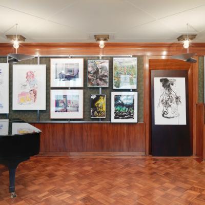 Installation view Salon - works by Karen Kilimnik, Louise Lawler, Raymond Pettibon, Cameron Jamie, Rodney Graham
